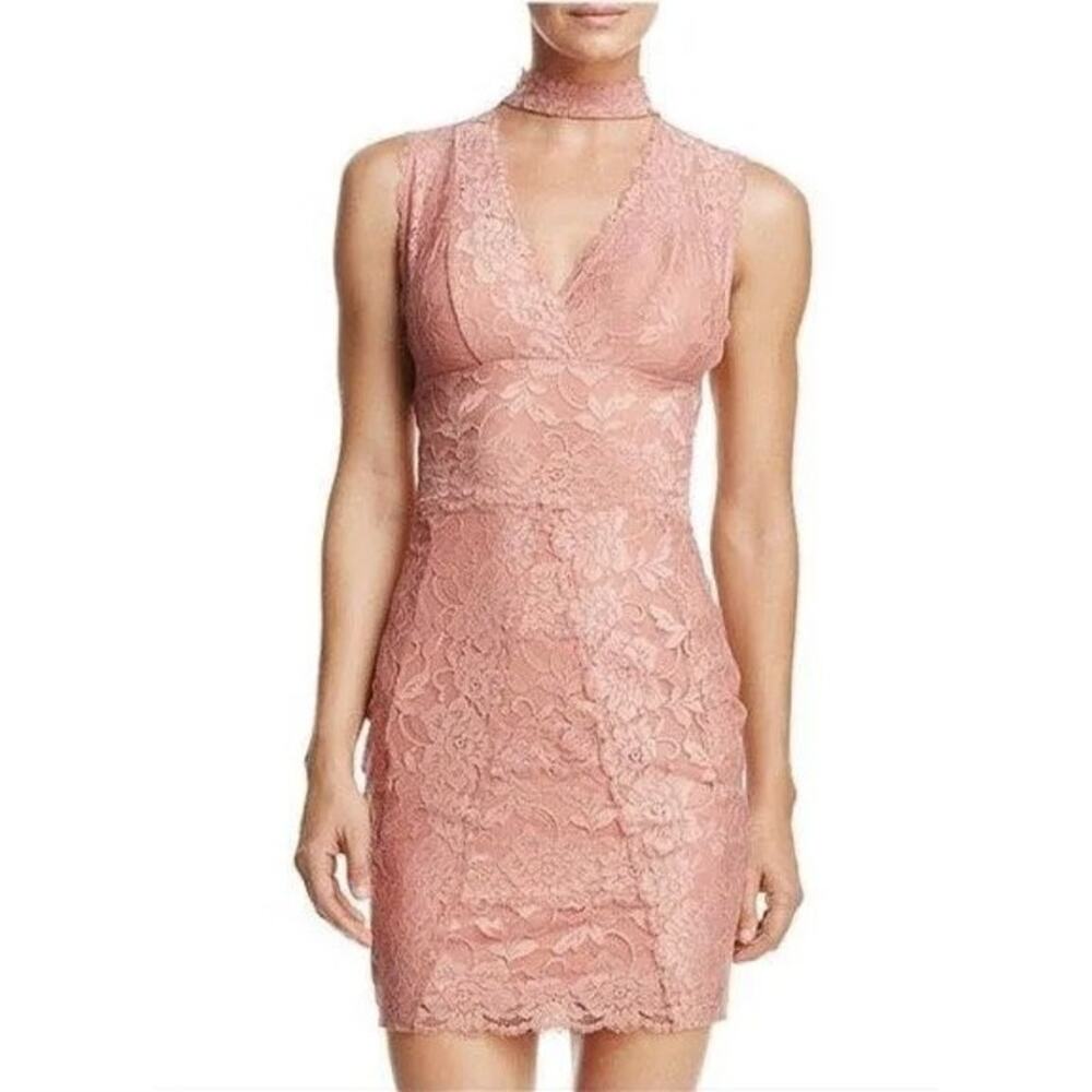 Guess rose pink lace lace dress Sz M Floral lace high mock neckline and V-neck